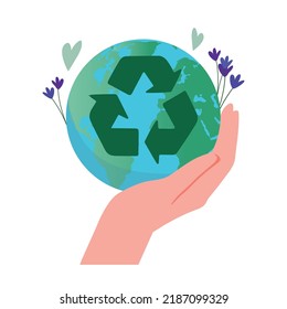 Mano sujetando el planeta con el símbolo de reciclaje. Apoyo al movimiento de basura cero. Protección ambiental y vida verde. Den las cosas una segunda vida. Estilo de vida ecológico. Ecología. Ilustración vectorial plana.