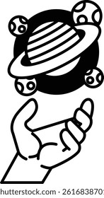 A hand is holding a planet in the sky