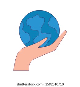 Hand holding planet sphere design, Continent earth world globe ocean and universe theme Vector illustration