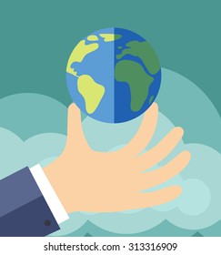 Hand, die den Planeten hält (Vektorgrafik, flaches Konzept)
