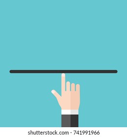 Hand holding plank, scale or tray on index finger. Balance, harmony, comparison, measure and presentation concept. Flat design. Vector illustration, no transparency, no gradients