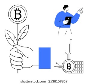 Hand holding a plant with a Bitcoin symbol, man holding tablet, pointing and a Bitcoin on a circuit board. Ideal for finance technology cryptocurrency investment digital assets and innovation. Clean