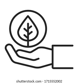 Hand holding plant black line icon. Environmental protection. Isolated vector element. Outline pictogram for web page, mobile app, promo.