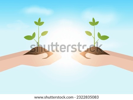 Hand Holding Plant in Concept Save Environment. Save the World. Environment day concept. Vector Illustration. 