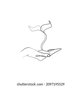 Hand holding plant, eco icon. Growing plant in hand palm. print for clothes, t-shirt, emblem or logo design, continuous line drawing, small tattoo, isolated vector illustration.