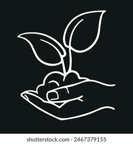 Hand holding a plant editable stroke outline icon isolated on black background.