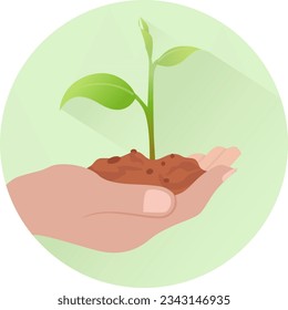 hand holding plant flat icon vector illustration, plant seed growth concept,  eco awareness symbol, giving hand with young plant