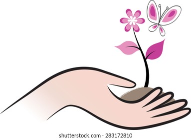 hand holding a plant with flower and butterfly