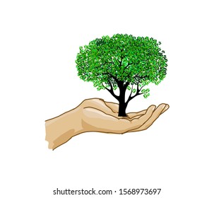 Hand holding plant. Greening concept. vector illustration.  Image for booklets, banners, flayers, article and social media.
