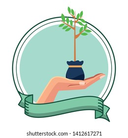 Hand Holding A Plant Growing With Leaves In A Grow Bag Icon Cartoon In Round Icon With Ribbon