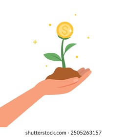 Hand holding plant growing in savings coins, Vector illustration of savings, finance, banking. Money increasing concept.
