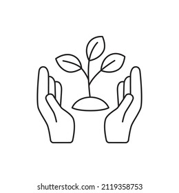 Hand holding plant icon. Hand with plant growth line style icon, style isolated on white background