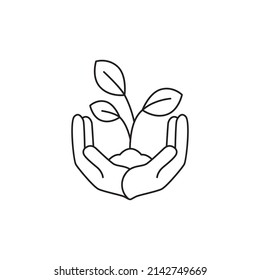 Hand Holding Plant Icon. Hand With Plant Growth Line Style Icon, Style Isolated On White Background