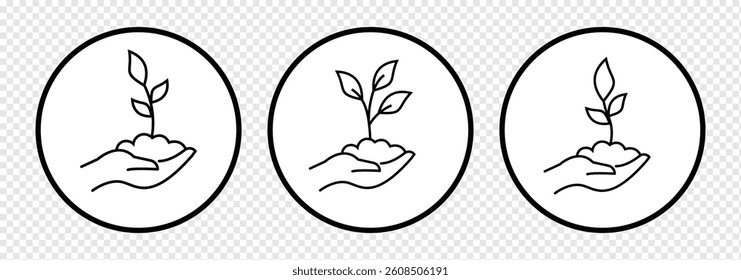 Hand holding plant icon. Leaves in hand pictogram. Ecology care symbol. Plant in hand flat icon. Pictogram for web. Line stroke.