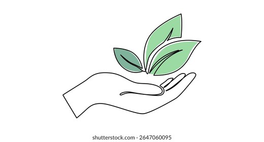 Planta de mano con hoja de dibujo continuo de una línea, dibujo continuo de una línea de manos que sostienen plántulas en crecimiento. Ilustración de dibujo de una sola línea de manos sosteniendo la hoja. Vaya a la energía verde.