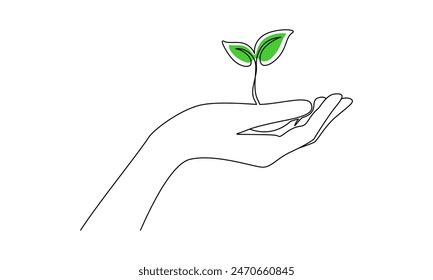 Hand holding plant with leaf in one continuous line drawing. Green sprout tree and gardening symbol in simple linear style. Organic farm concept editable stroke. Doodle outline vector illustration