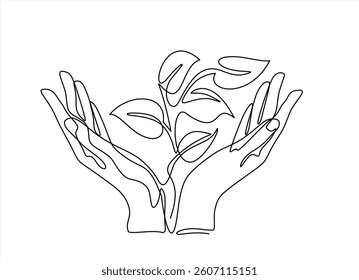 Hand holding plant with leaf in one continuous line drawing. Sprout tree and gardening symbol in simple linear style. Organic farm concept editable stroke. Doodle outline vector illustration	