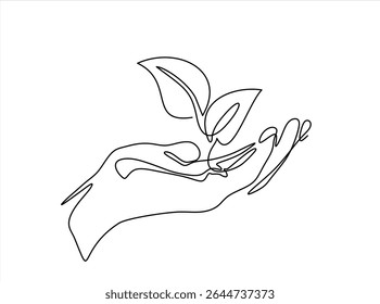 Hand holding plant with leaf in one continuous line drawing. Sprout tree and gardening symbol in simple linear style. Organic farm concept. Hand drawn one line vector. Editable stroke	