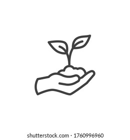 Hand holding plant with leaves line icon. linear style sign for mobile concept and web design. Hand with sprout outline vector icon. Symbol, logo illustration. Vector graphics