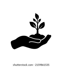 Hand holding plant with leaves line icon. linear style sign for mobile concept and web design. Hand with sprout outline vector icon. Symbol, logo illustration. Vector graphics