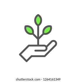 Hand holding plant, linear vector icon. Growth concept.