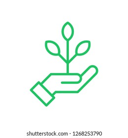 Hand holding plant, linear vector icon