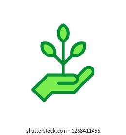 Hand holding plant, linear vector icon