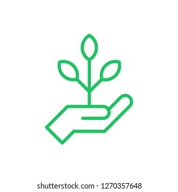 Hand holding plant, linear vector icon. Growth concept.