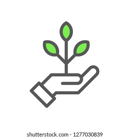 Hand holding plant, linear vector icon, nature and ecology symbol