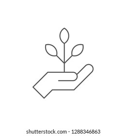 Hand holding plant, linear vector icon, nature and ecology symbol