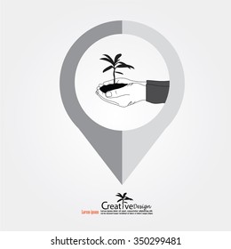 Hand holding plant with map pointer. Growth concept vector illustration.