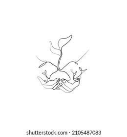 Hand holding the plant out of the ground, ecology theme icon. Print for clothes, t-shirt, emblem or logo design, continuous line drawing, small tattoo, isolated vector illustration. 