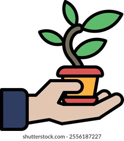 A hand holding a plant in a pot. The plant is green and the pot is red. Concept of care and nurturing, as the person is holding the plant with care and attention