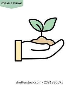 Hand holding a plant or sprout, editable stroke