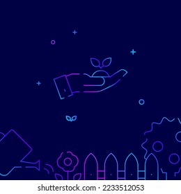 Hand holding plant sprout gradient line vector icon, simple illustration on a dark blue background, garden, farm related bottom border.