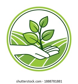 Hand holding plant sprout with green fields on backdrop - logo concept for agriculture, natural food products or fertilizers. Vector icon