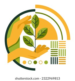 Hand holding plant sprout with green fields on backdrop - logo concept for agriculture, natural food products or fertilizers. Isolated illustration in geometric style