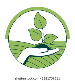 Hand holding plant sprout with green fields on backdrop - logo concept for agriculture, natural food products or fertilizers. Isolated illustration in colorful gradients
