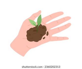 Hand holding plant stem concept. Human palm with part of flower in soil. Sticker for social networks and messengers. Cartoon flat vector illustration isolated on white background