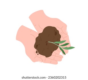 Hand holding plant stem concept. Human palm with part of flower in soil. Care about nature and ecology, environment. Cartoon flat vector illustration isolated on white background