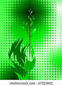 Hand holding a plant, stylization