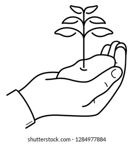 Hand holding plant. Vector flat outline icon illustration isolated on white background.