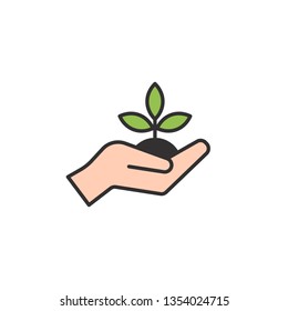 Hand Holding Plant Vector Icon. Growth Concept. Environment Friendly Symbol. Eco Vector Illustration.Hand + Leaf Logo.