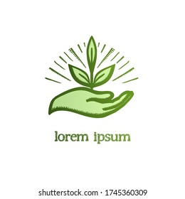 Hand holding plant vector logo