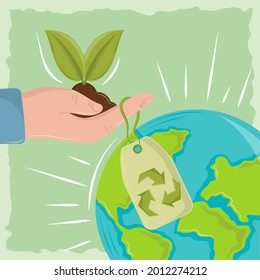 hand holding plant with world recycle