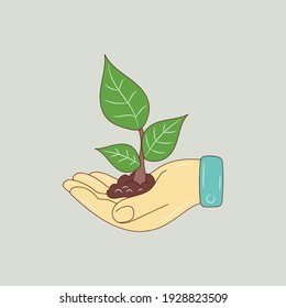 Hand holding plants colored line icon, simple environmental doodle vector illustration 