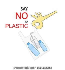 Hand Holding Plastic Bag And Plastic Water Bottle With Say No To Plastic Sign