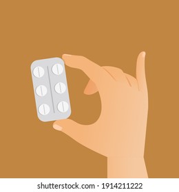 Hand holding plastic blister with white round pills vector flat illustration isolated on beige background. Painkiller, antibiotic, or vitamin tablets in packaging. Medicaments to treat disease.