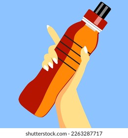 hand holding plastic bottle with cap in flat style. packaging of a drink in a female hand in vector. 