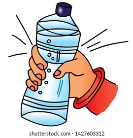 A hand is holding a plastic bottle. Colored vector for card or gift.